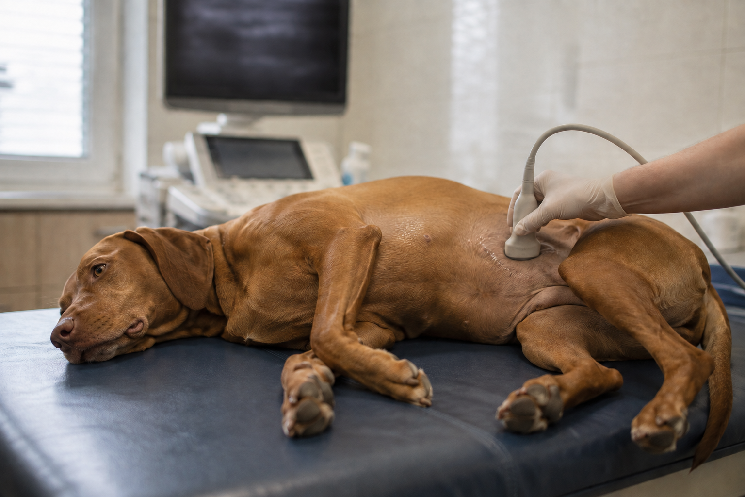 Veterinář provádí ultrazvuk břicha psa při diagnostice kýly